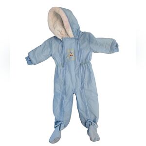 Vintage 1980s JC Penney Pastel Blue Hooded Baby Snowsuit with Bear Design